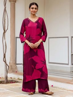 ISHIN - Women Maroon German Rayon Kurta with Palazzo (Set of 2)
