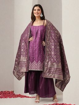 ISHIN - Women Purple Kurta with Sharara & Dupatta (Set of 3)