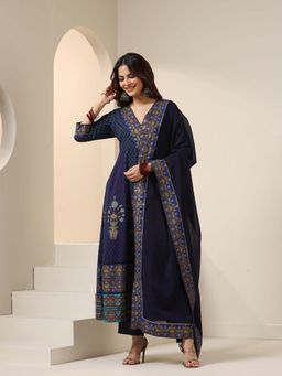 ISHIN - Women Navy Blue Cotton Kurta with Pant & Dupatta (Set of 3)