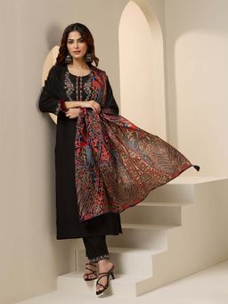ISHIN - Women Black Roman Silk Kurta with Pant & Dupatta (Set of 3)