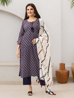 ISHIN - Women Navy Blue Cotton Kurta with Pant & Dupatta (Set of 3)
