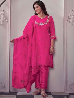 ISHIN - Women Pink Floral Embroidered Regular Kurta with Pant & Dupatta (Set of 3)