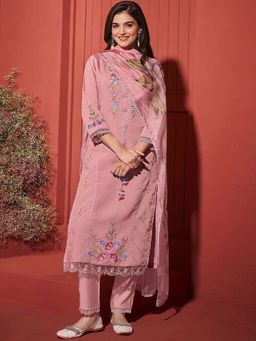 ISHIN - Women Peach Floral Embroidered Regular Kurta with Pant & Dupatta (Set of 3)