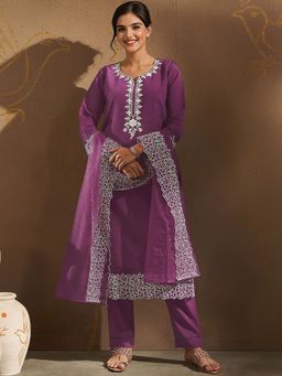 ISHIN - Women Purple Floral Embroidered Regular Kurta with Pant & Dupatta (Set of 3)