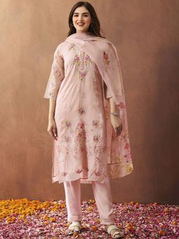 ISHIN - Women Peach Floral Embroidered Regular Kurta with Pant & Dupatta (Set of 3)