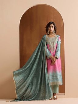 ISHIN - Women Pink Polyester Chinon Kurta with Pant & Dupatta (Set of 3)