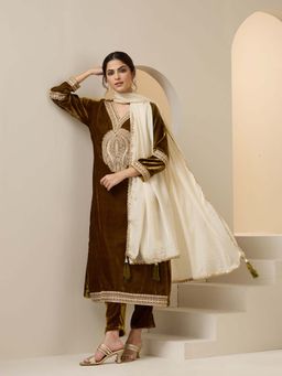 ISHIN - Women Gold Velvet Kurta with Pant & Dupatta (Set of 3)