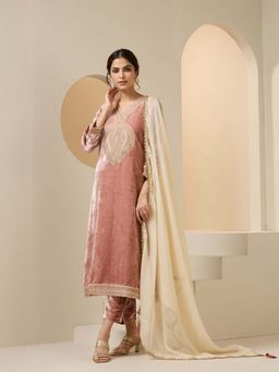 ISHIN - Women Pink Velvet Kurta with Pant & Dupatta (Set of 3)