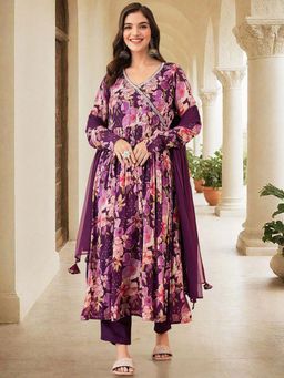 ISHIN - Women Purple Chinon Kurta with Pant & Dupatta (Set of 3)