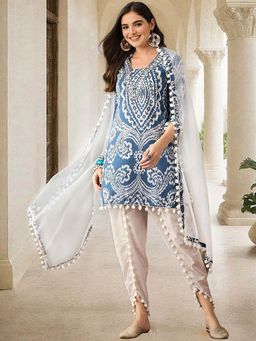 ISHIN - Women Blue Cotton Blend Kurti with Dhoti Pant & Dupatta (Set of 3)