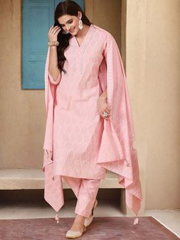 ISHIN - Women Pink Cotton Kurta with Pant & Dupatta (Set of 3)