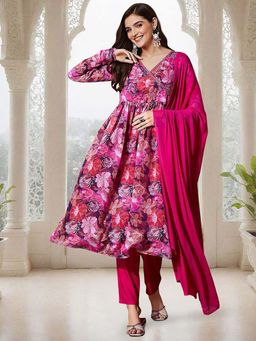 ISHIN - Women Multi Color Chinon Anarkali Kurta with Pant & Dupatta (Set of 3)