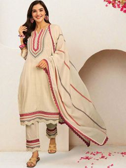 ISHIN - Women Off White Cotton Kurta with Pant & Dupatta (Set of 3)