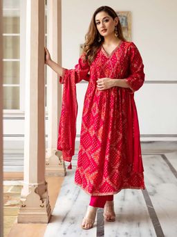 ISHIN - Women Red Modal Muslin Anarkali Kurta with Pant & Dupatta (Set of 3)