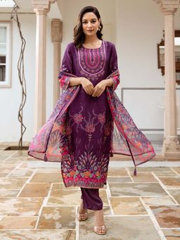 ISHIN - Women Purple Dola Silk Kurta with Pant & Dupatta (Set of 3)