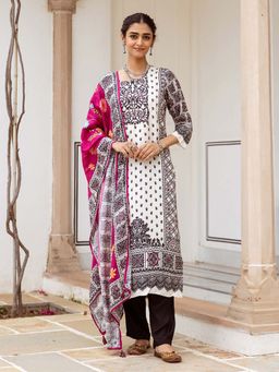 ISHIN - Women White Viscose Muslin Kurta with Pant & Dupatta (Set of 3)