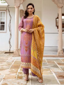 ISHIN - Women Purple Muslin Shimmer Kurta with Pant & Dupatta (Set of 3)