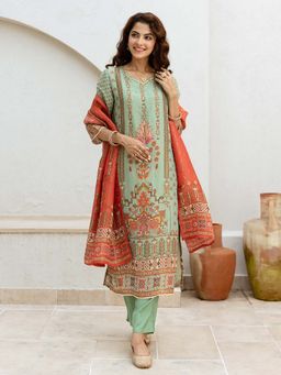 ISHIN - Women Green Tissue Shimmer Kurta with Pant & Dupatta (Set of 3)