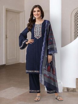 ISHIN - Women Navy Blue Cotton Kurta with Pant & Dupatta (Set of 3)