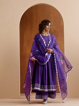 ISHIN - Women Purple Cotton Anarkali Kurta with Pant & Dupatta (Set of 3)