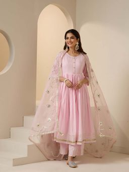 ISHIN - Women Pink Cotton Anarkali Kurta with Pant & Dupatta (Set of 4)