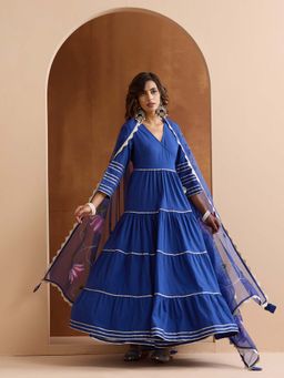 ISHIN - Women Navy Blue Cotton Angarkha Kurta with Pant & Dupatta (Set of 3)