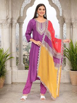 ISHIN - Women Purple Chinon Kurta with Pant & Dupatta (Set of 3)