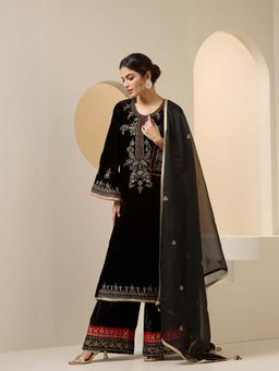 ISHIN - Women Black Velvet Organza Kurta with Palazzo & Dupatta (Set of 3)
