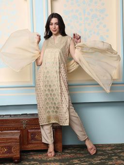 ISHIN - Women Beige Ethnic Motifs Printed Regular Kurta with Pant & Dupatta (Set of 3)