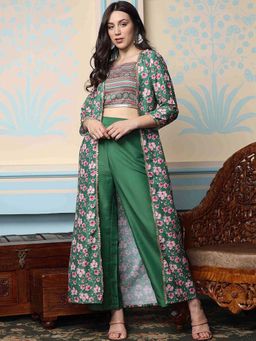 ISHIN - Green Ethnic Motifs Printed Crop Top with Palazzos & Shrug (Set of 3)