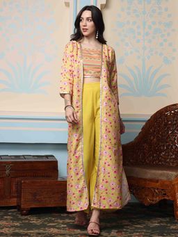 ISHIN - Yellow Ethnic Motifs Printed Crop Top with Palazzos & Shrug (Set of 3)