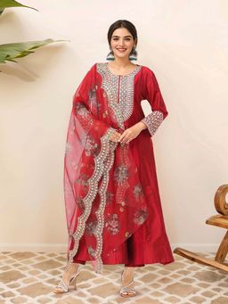 ISHIN - Women Red Ethnic Motifs Yoke Design Anarkali Kurta with Pant & Dupatta (Set of 3)