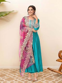 ISHIN - Women Turquoise Ethnic Motifs Yoke Design Anarkali Kurta with Pant & Dupatta (Set of 3)