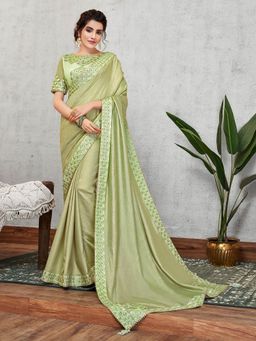 Odette - Pasta Green Satin Silk Designer Saree with Unstitched Blouse
