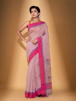 Beatitude - Coral Handspun Cotton Woven Saree with Unstitched Blouse