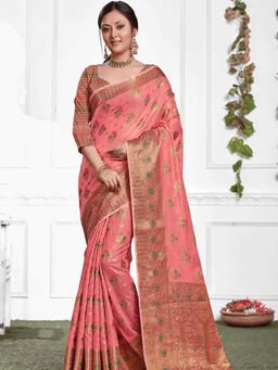 Odette - Womens Pink Cotton Woven Design Saree with Unstitched Blouse