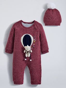 Hopscotch - Teddy Applique Textured Romper with Cap