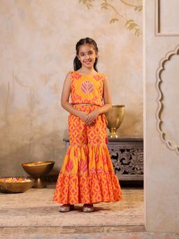 SHORGUL - Embroidered Printed Sleeveless Top and Pleated Sharara-Orange