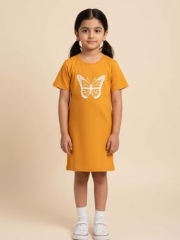 FUNKRAFTS - Girls Premium Cotton Butterfly Printed Nightdress - Mustard