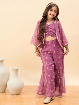 StyloBug - Girls Foil Work Floral Printed Crop Top and Palazzo with Shrug