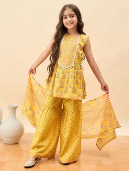 Stylo Bug - Girls Floral Printed Round Neck Sleeveless Kurta and Sharara with Dupatta