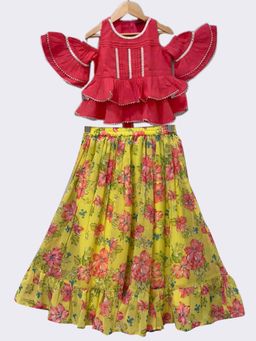 TWISHA - Woven Cotton Half Sleeves Embellished Top with Printed Lehenga