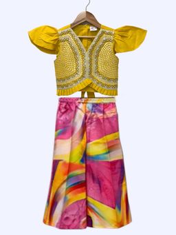 TWISHA - Woven Half Sleeves Embellished Top with Palazzo-Yellow