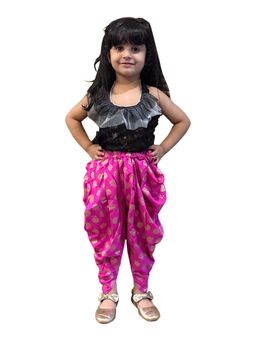 TWISHA - Woven Sleeveless Embellished Top with Printed Dhoti-Black and Pink