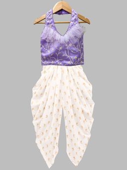 TWISHA - Woven Sleeveless Embroidered Top with Dhoti-Lavender and Off-White