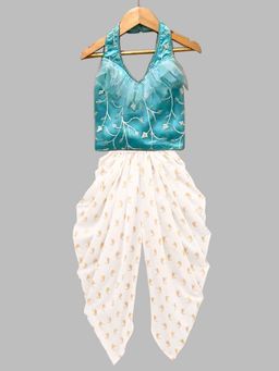 TWISHA - Woven Sleeveless Embroidered Top with Dhoti-Firozi and Off-White
