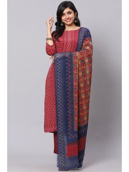 Biba - Red Crepe Unstitched Dress Material Suit Set