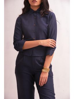 THISISDEHI - Women Navy Blue Linen Blend Plain Fitted Fit Shirt