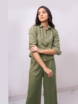 THISISDEHI - Women Olive Linen Blend Plain Fitted Fit Shirt