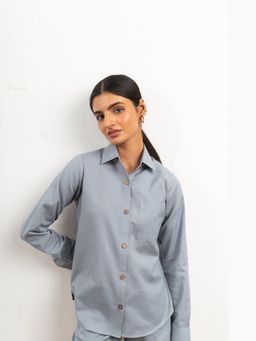 THISISDEHI - Women Blue Linen Blend Plain Regular Fit Shirt